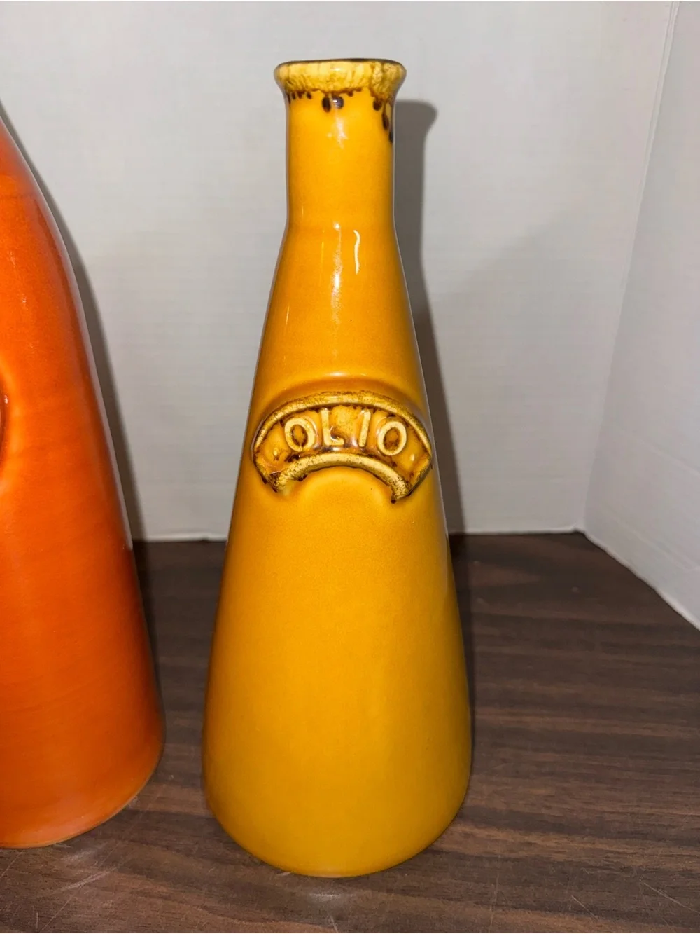 Vintage Crate & Barrel Orange/Yellow Large Olive Oil Bottles Stoneware